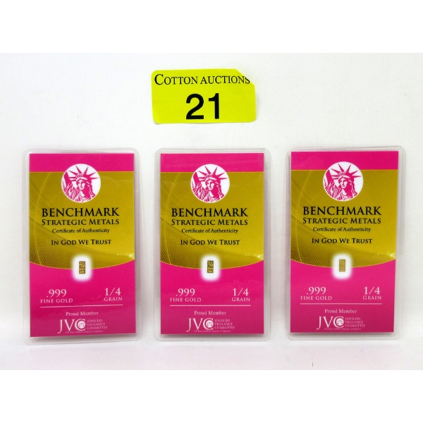 3 x 1/4 Grain .999 Fine Gold Certified Bars 