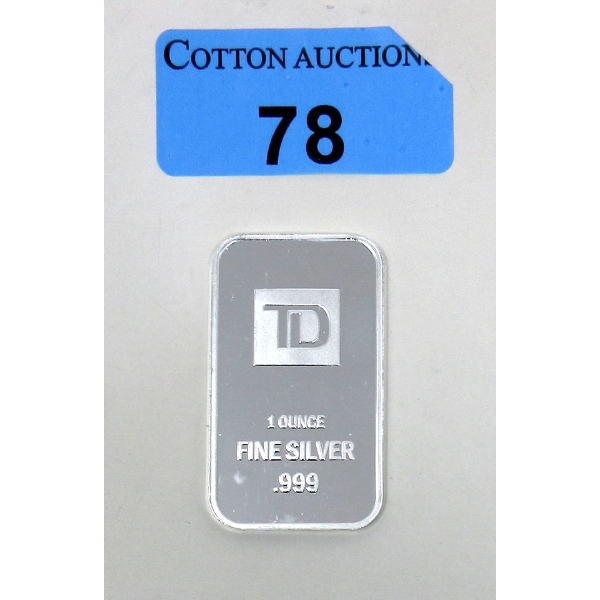 1 Oz .999 Silver TD Bank Investor Bar 