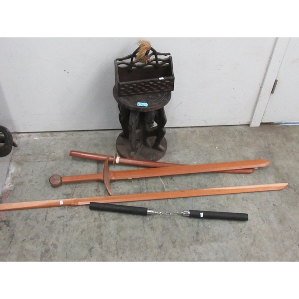 Nun Chucks, Wood Practice Swords, Stool & More