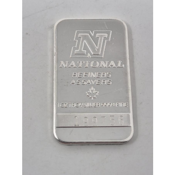 1 Oz .999+ Silver National Assayers Bar 