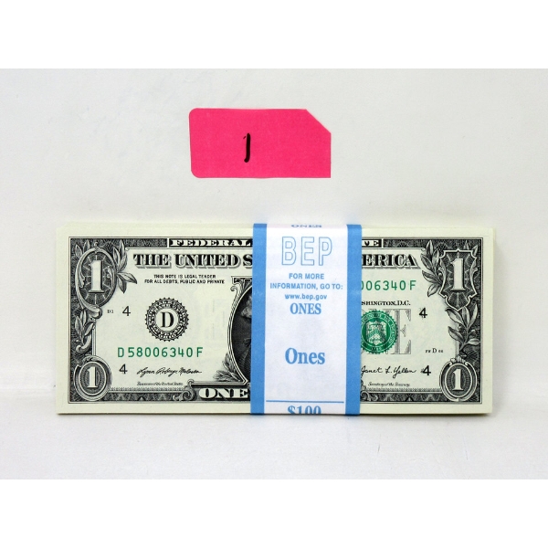 100 x $1 USD Uncirculated Sequential Numbered Bundle 