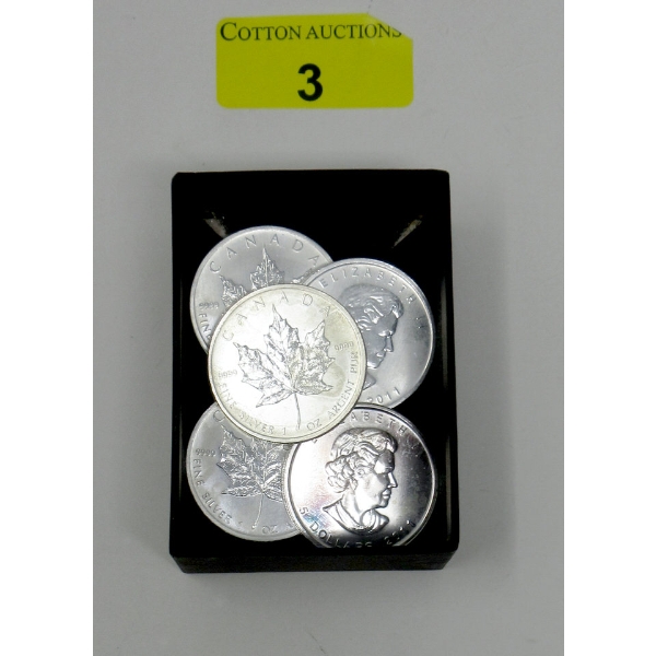 5 x 1 Oz .9999 Silver 2011 Canada Maple Leaf Coins