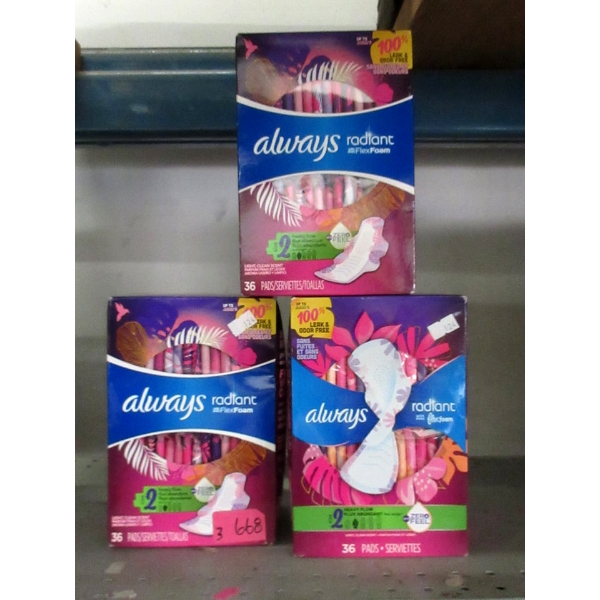 3 Sealed Boxes of 36 Always Menstrual Pads w/ Wings