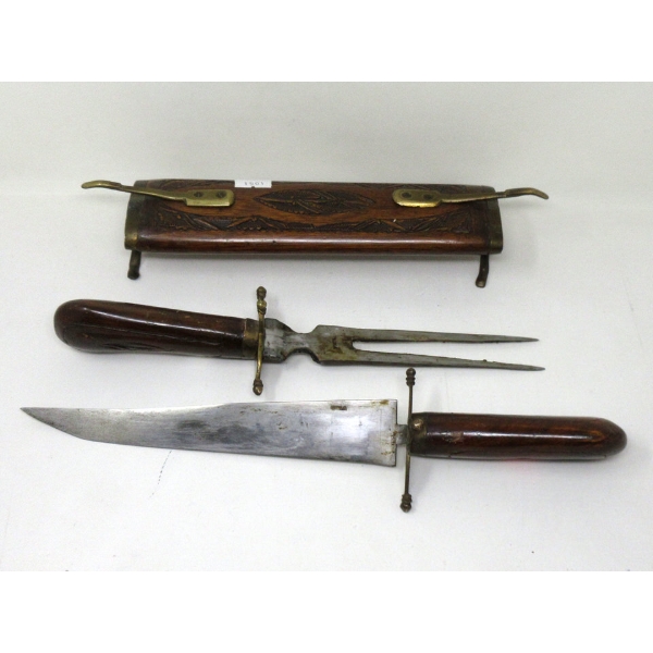Vintage Asian Carving Set in Rosewood and Brass