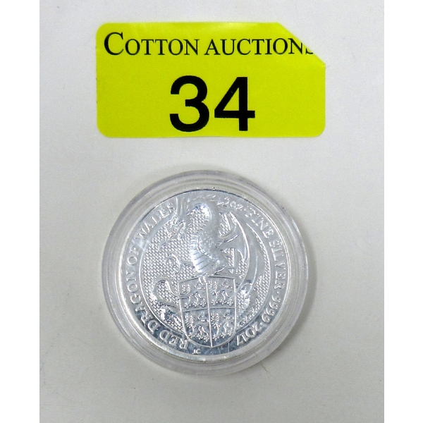 2 Oz .9999 Silver 2017 Red Dragon of Wales Coin 