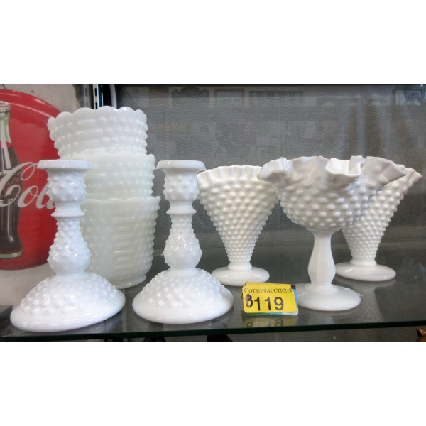 8 Vintage Hobnail Milk Glass Pieces
