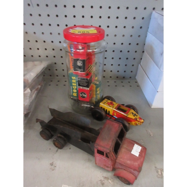 Vintage Tin Truck & Wind Up Car and Electronics Tubes