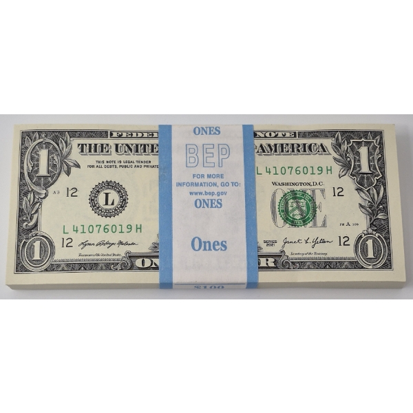 100 x $1 USD Uncirculated Federal Reserve Bundle 