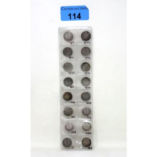 16 Vintage Canadian Silver Dimes - 1909 to 1934