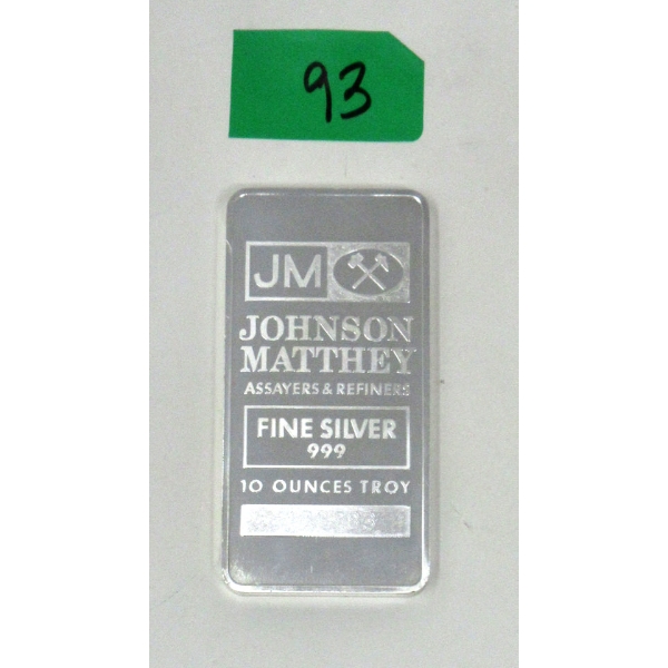 10 Oz .999 Silver Johnson Matthey Bar 