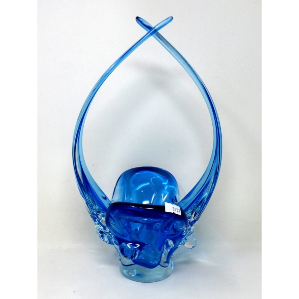Mid-Century Blue to Clear Art Glass Centerpiece