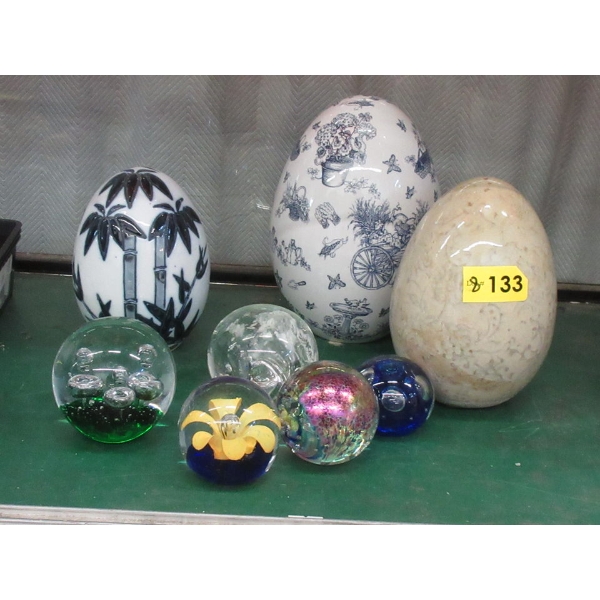 3 Collectible Eggs and 5 Art Glass Paperweights