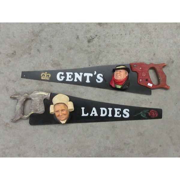 2 British Pub Washroom Signs on Metal Saws