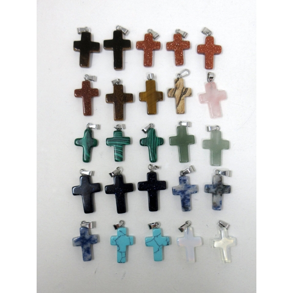 24 New Polished Gemstone Cross Pendants