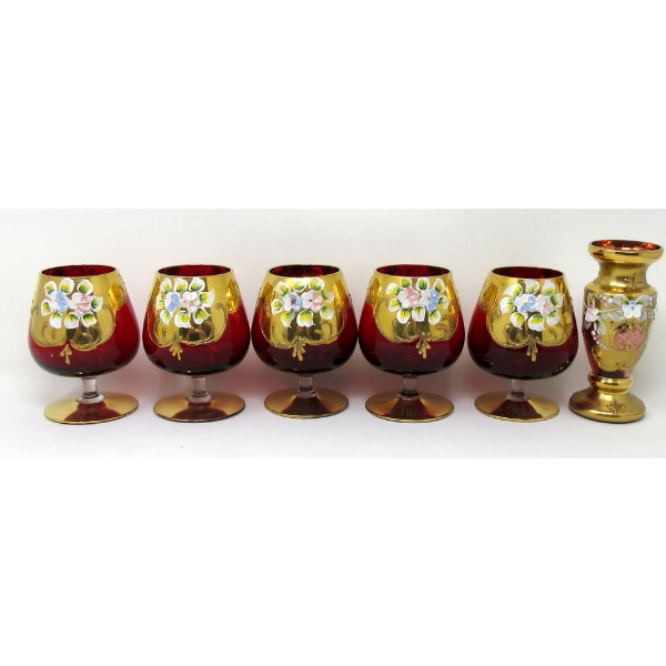 5 Vintage Ruby Glass Snifters & 1 Vase