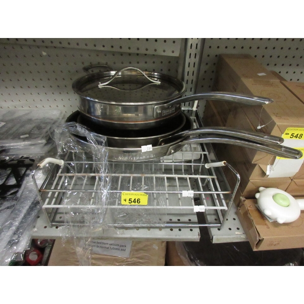 Dish Rack & 3 Kirkland Stainless Steel Sauté Pans 