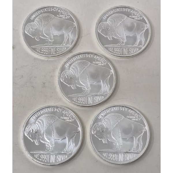 5 x 1 Oz .999 Silver Indigenous/Buffalo Art Rounds 