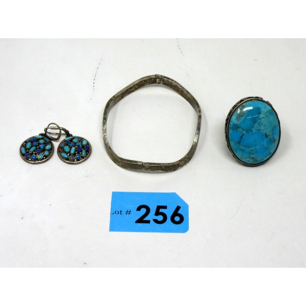 .925 Silver Bracelet, Earrings & Large Blue Stone Ring