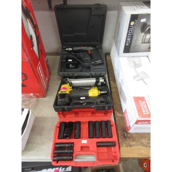 Air Nailer, Cordless Drill and Socket Set in Cases