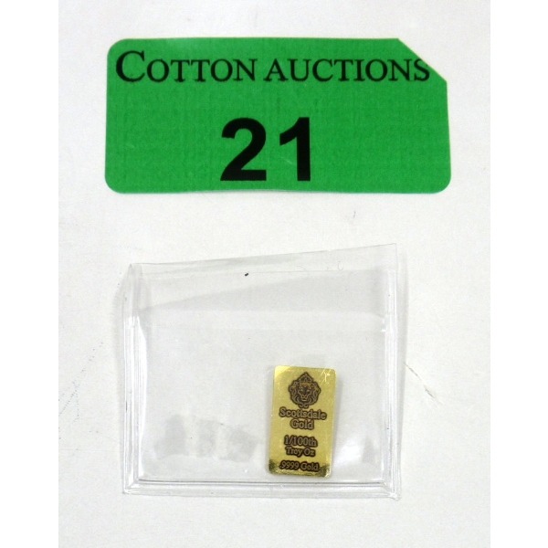 1/100 Oz .9999 Fine Gold Scottsdale Lion Mint Bar
