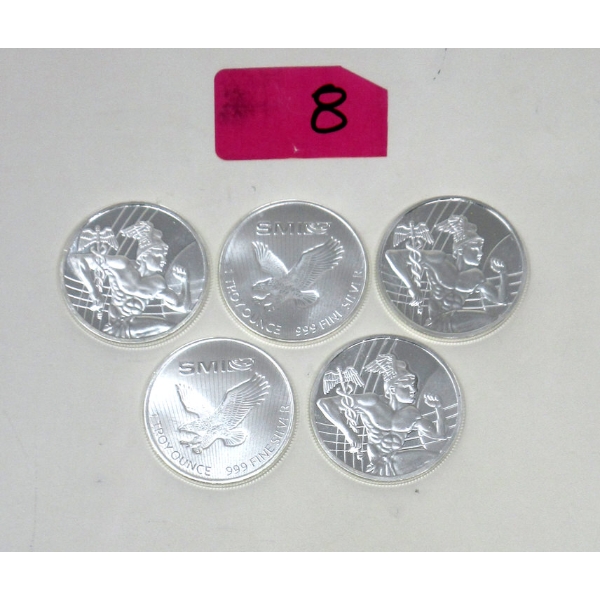 5 x 1 Oz .999 Silver Mercury Greek Messenger God Rounds