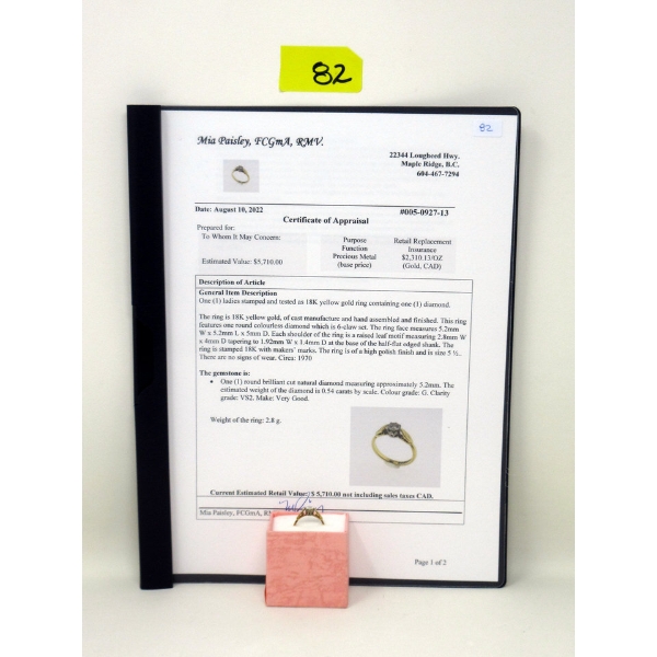 18KT Yellow Gold .54 CT Diamond Solitaire Ring