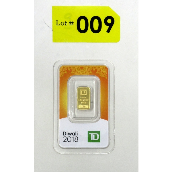 1 Gram .9999 Fine Gold 2018 Diwali TD Bar