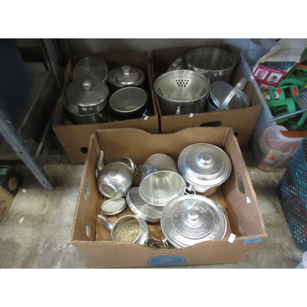 3 Boxes of Metal Pots, Pans & Teapots - Preowned