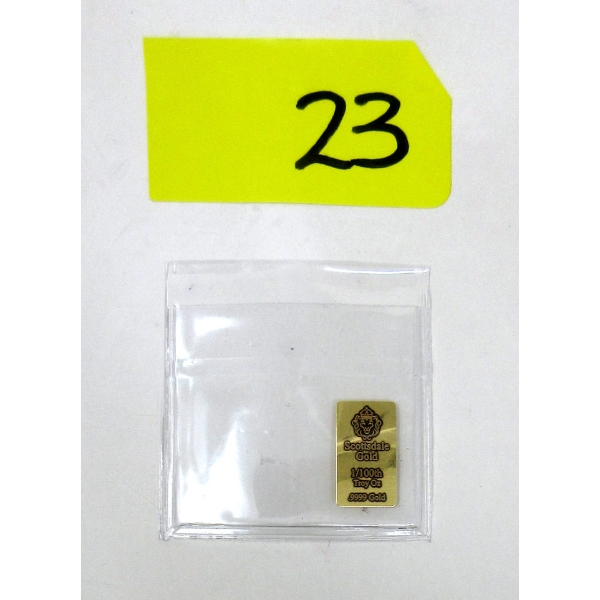 1/100 Oz .9999 Fine Gold Scottsdale Lion Mint Bar 