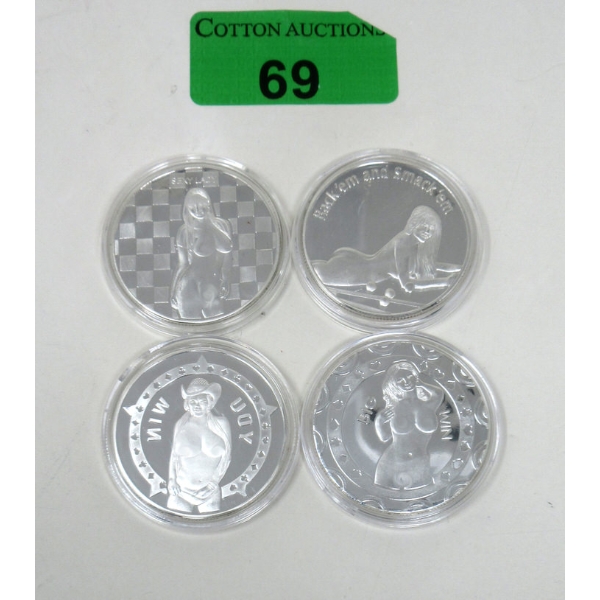 4 x Silver Clad Nude Girl Art Rounds 