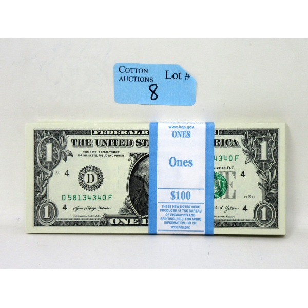 100 x $1 USD Uncirculated Sequential Numbered Federal Reserve Bundle 