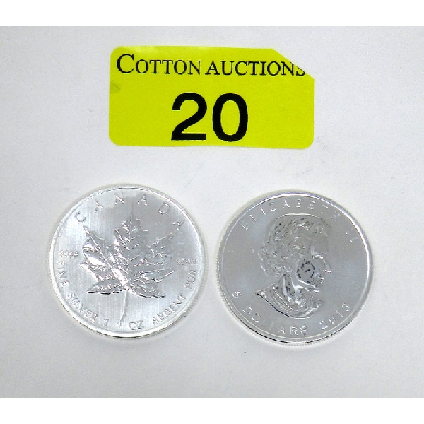 2 x 1 Oz .9999 Silver 2013 Maple Leaf Coins