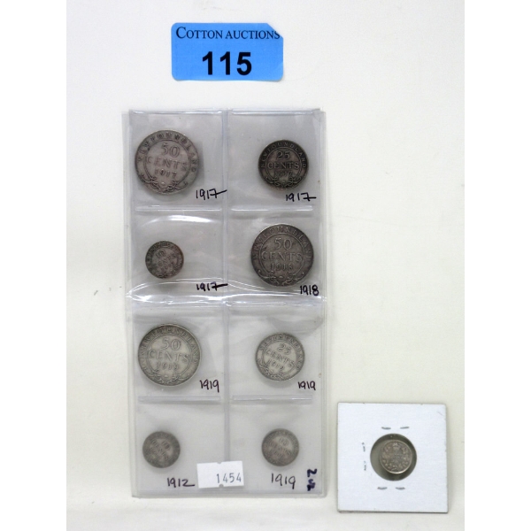 9 Vintage Canadian Sterling Silver Coins 1917-1919