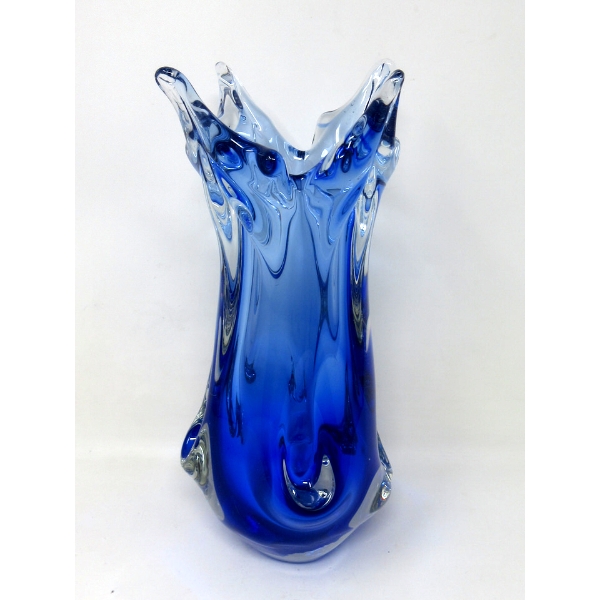 Mid-Century Deep Blue to Clear Art Glass Vase