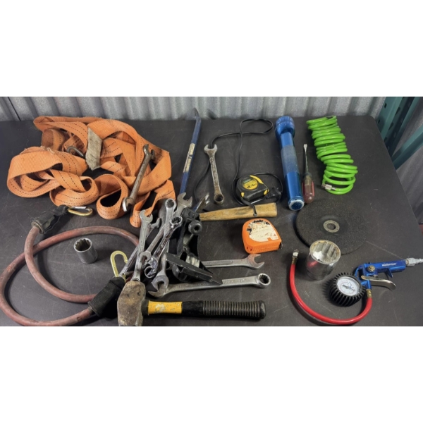 Mixed Tool Lot - Wrenches, Hammers, Air Tools, Straps, Sander and More
