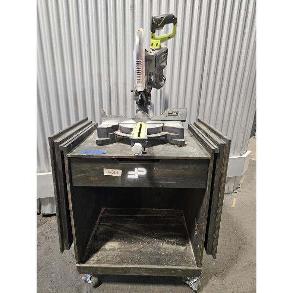 Ryobi 18V ONE+ 7-1/4 In. Cordless Miter Saw Bolted To A Wooden Desk On Wheels