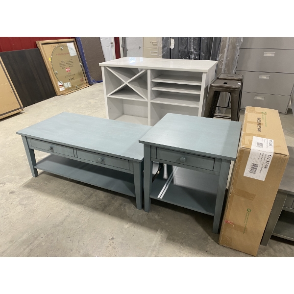 48 INCH MODERN COFFEE TABLE WITH 2 DRAWERS AND 2 24X24 INCH END STANDS WITH DRAWER