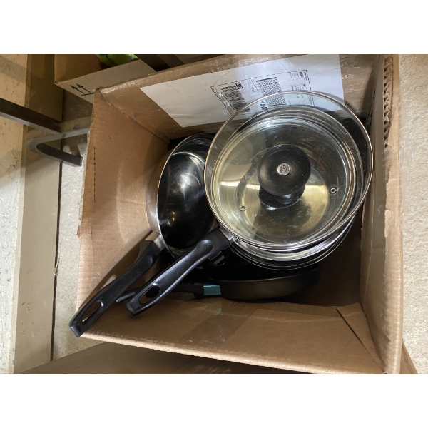 BOX LOT OF ASSORTED POTS AND PANS