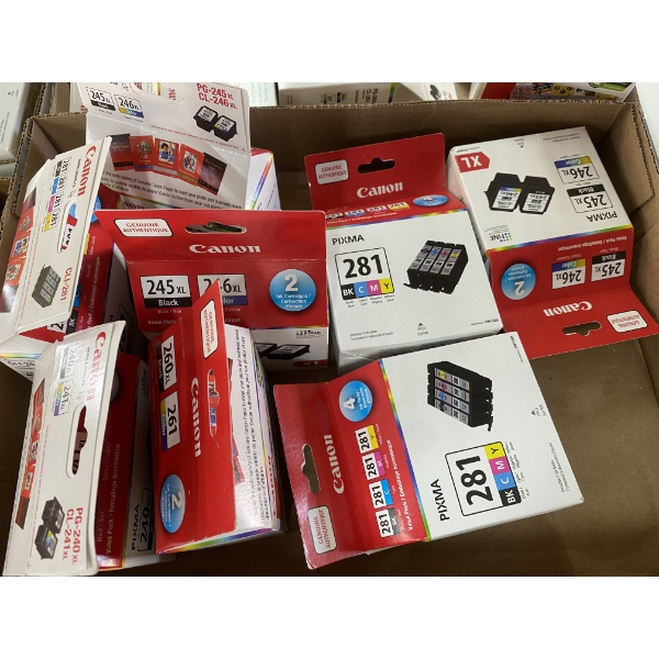 BOX LOT OF ASSORTED CANNON INK CARTRIDGES 
