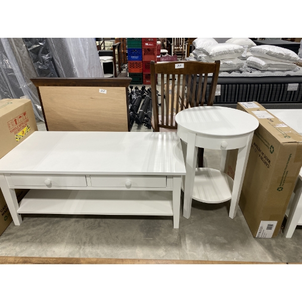 48 INCH MODERN COFFEE TABLE WITH 2 DRAWERS AND 2 21 INCH CIRCULAR END STANDS WITH DRAWER