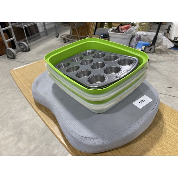 LAPTOP CUSHION, MUFFIN TRAY AND PLASTIC CONTAINERS