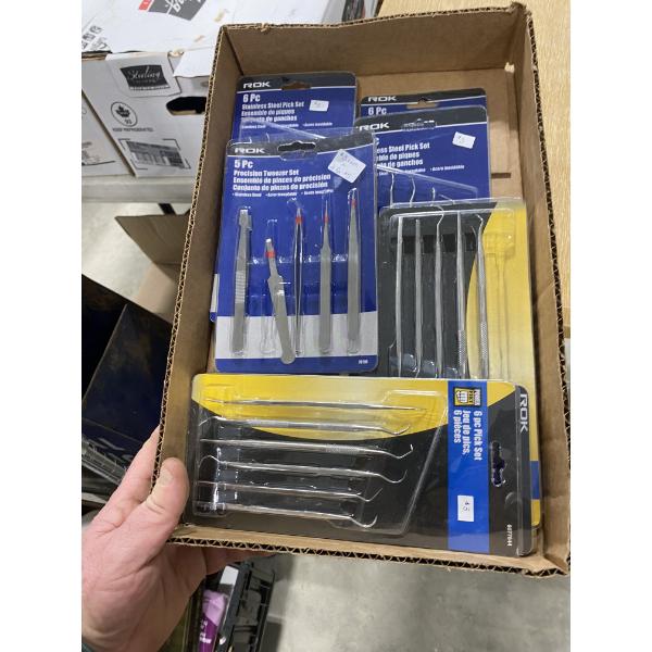 BOX LOT OF ASSORTED PICK SETS AND TWEEZER SETS