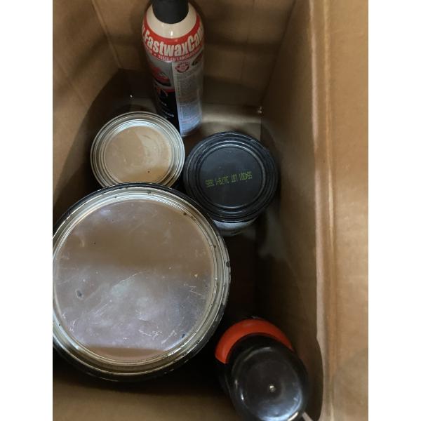 BOX OF PAINT, CAULKING AND POLISH
