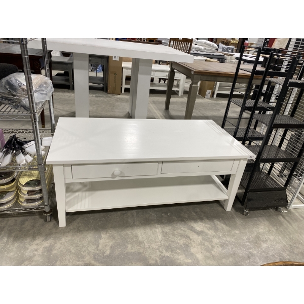 48IN MODERN COFFEE TABLE WITH TWO DRAWERS- HAS FEW BROWN SPOTS ON TOP AND MISSING ONE DRAWER KNOB