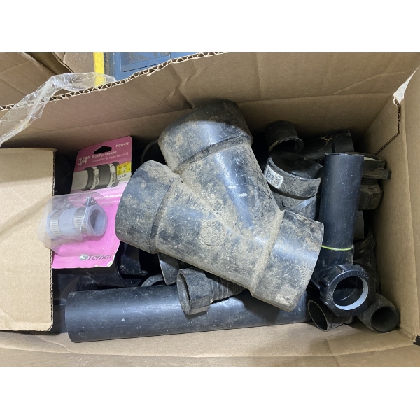 BOX LOT OF ASSORTED SIZE PVC PIPE CONNECTORS AND ADAPTERS ETC