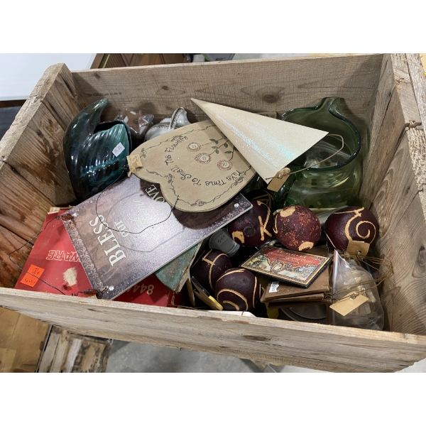 WOODEN BOX LOT OF ASSORTED GLASS