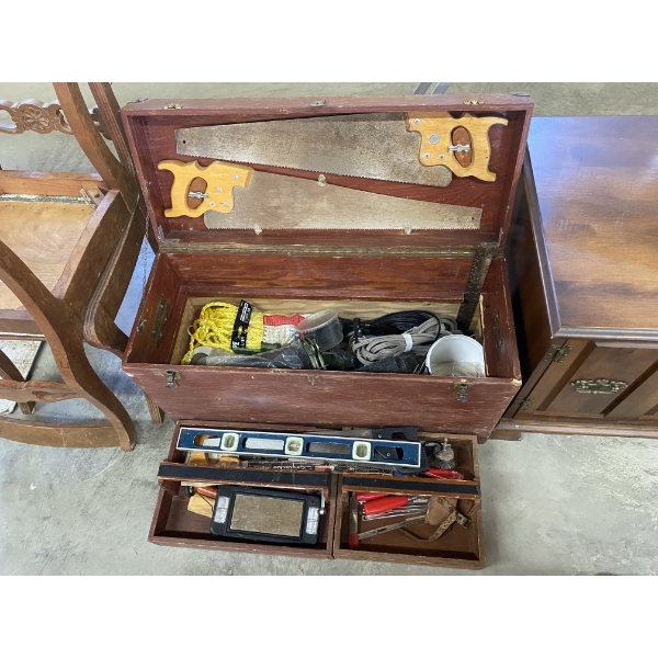 32 INCH WOODEN TOOL BOX WITH QUITE GOOD ACCESSORIES