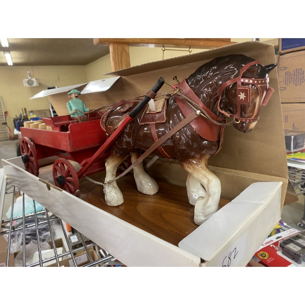 VERY NICE PORCELAIN HORSE DECORATION WITH WOODEN BUGGY