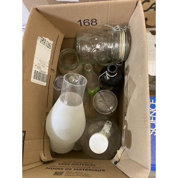 BOX LOT OF ASSORTED GLASS JARS, BOTTLES ETC