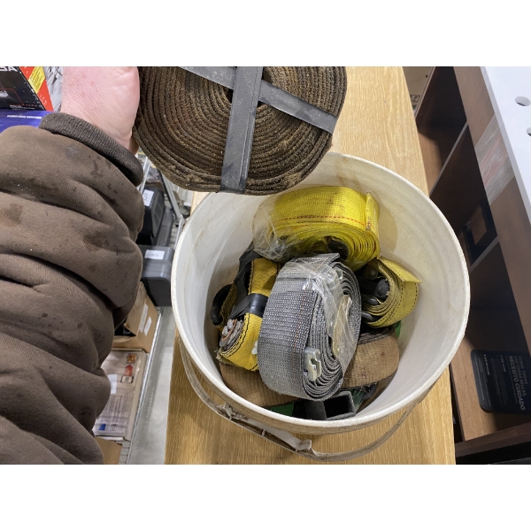 BUCKET OF ASSORTED RATCHET STRAPS